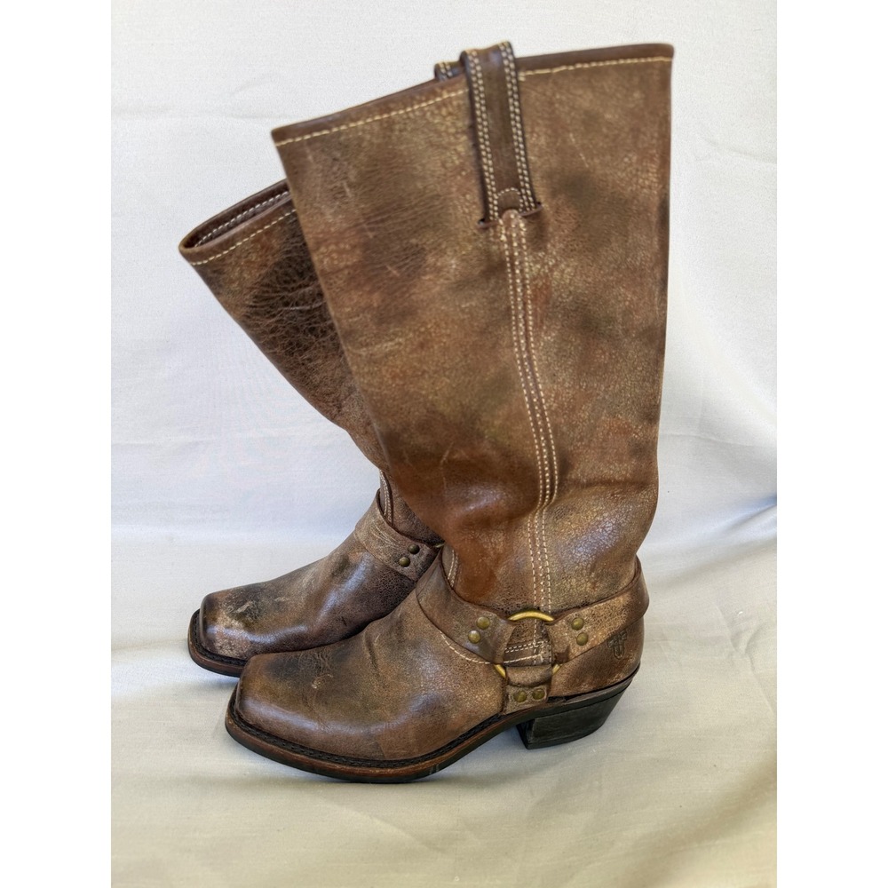 VTG Frye Harness 12R Made in USA Brown Distressed Leather Western Boots Wmns 8.5
